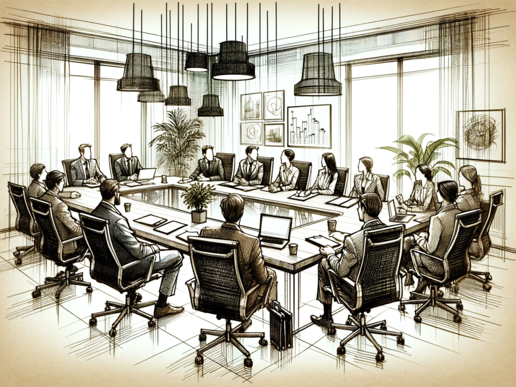 A black and white abstract drawing of many people sat around a large meeting desk for an in-office meeting
